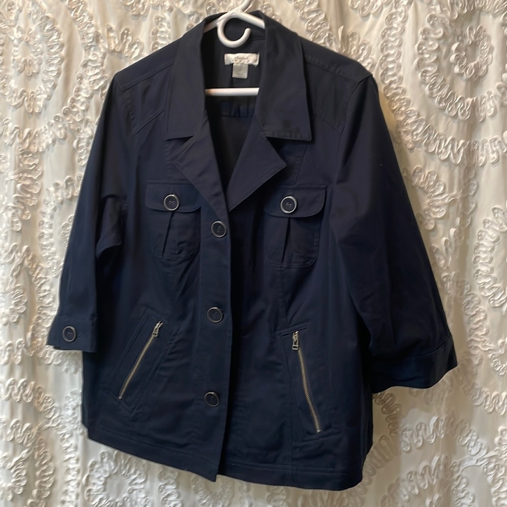 CJ Banks dark blue jacket size 2X. 3 button down, side zipper pockets